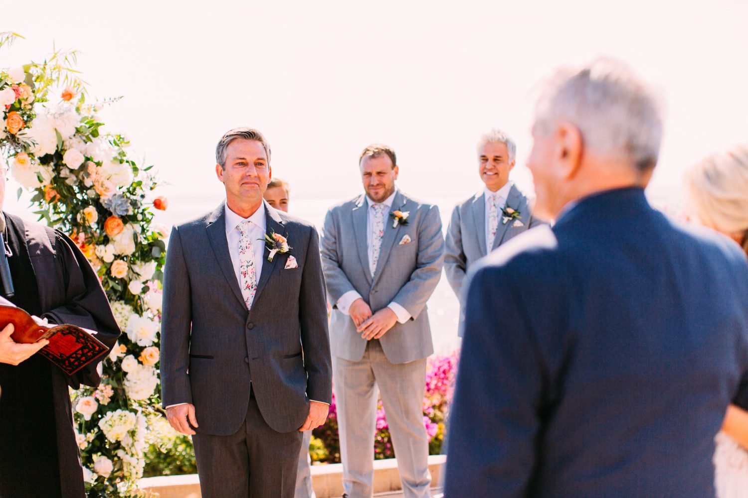 groom seeing his bride walk down the aisle at Casa Romantica